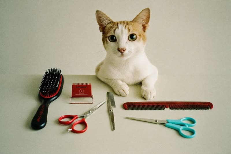 Clean grooming brushes, combs, scissors and clippers laid out