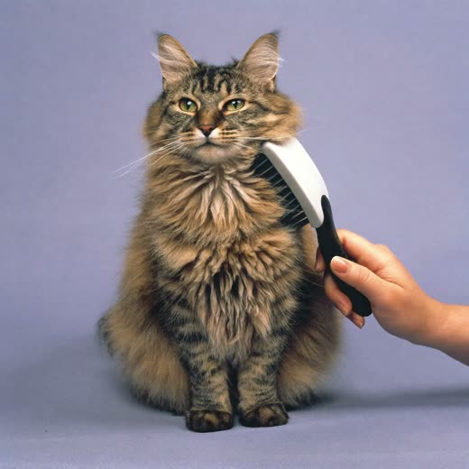 A long-haired cat being brushed